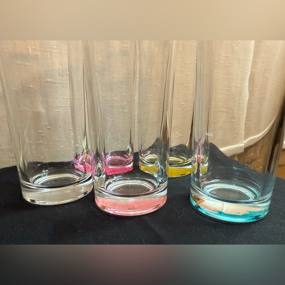 5 highball glasses with pink, fushia, yellow, blue and clear color.  6.5”H
